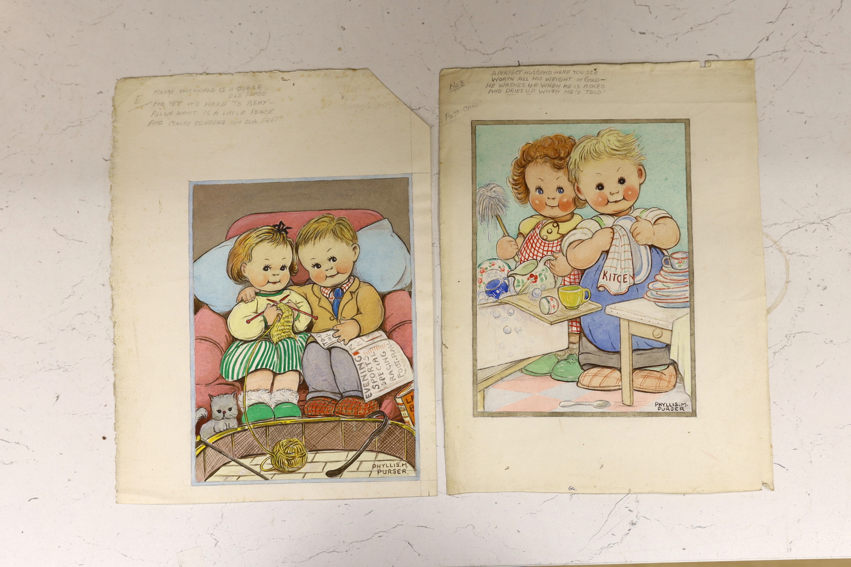 Phyllis Purser (1893-1990), six original watercolours on card for postcard designs, Humourous children, each signed with pencil annotations to the margins, unframed, 30 x 24cm